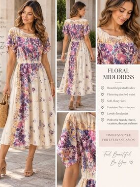 G & G Floral Pleated Midi Dress Flutter Sleeve Ivory Purple M